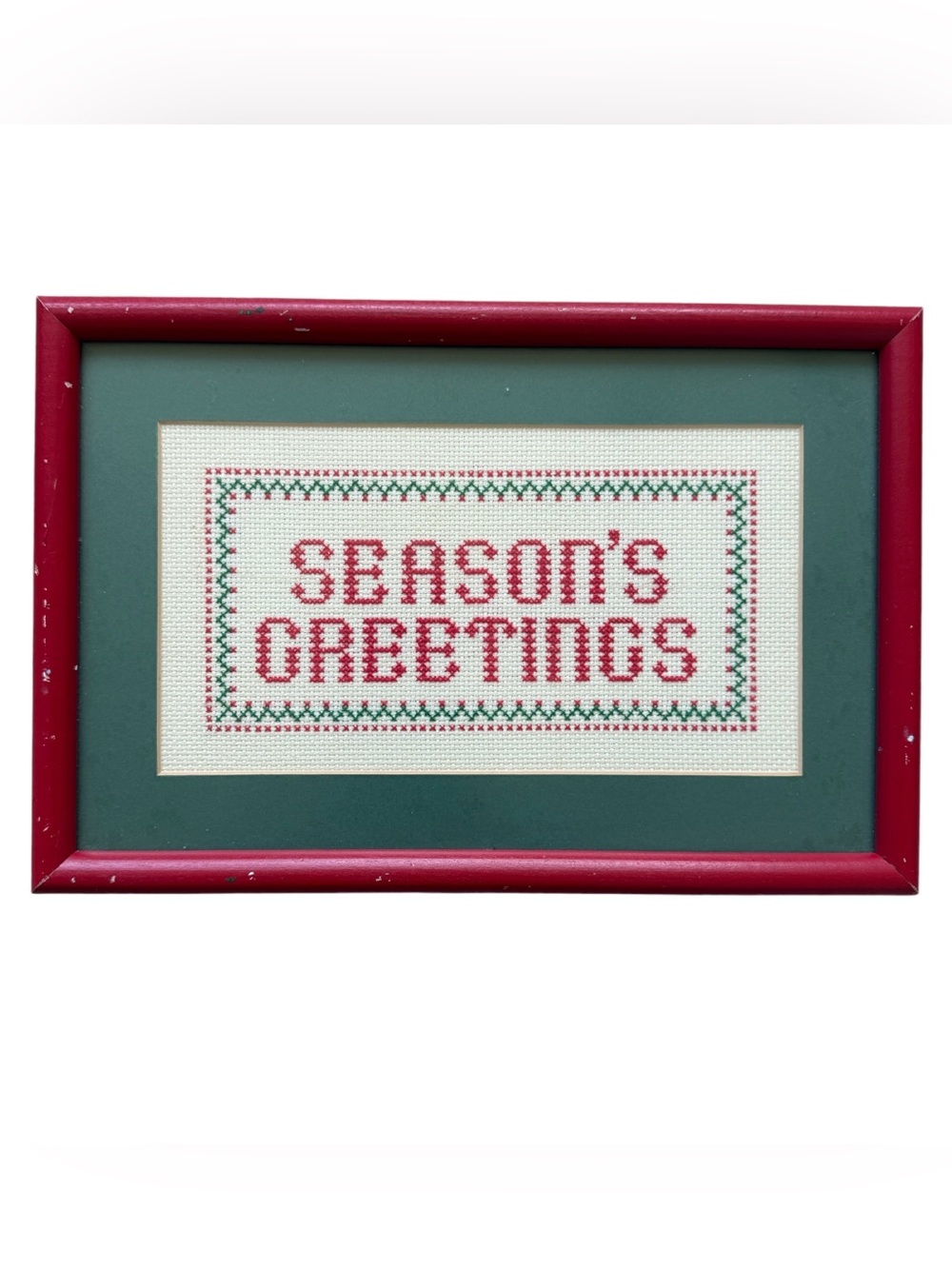 Vintage 1990 Seasons Greetings Cross Stitch Framed Christmas Grandmillennial Art